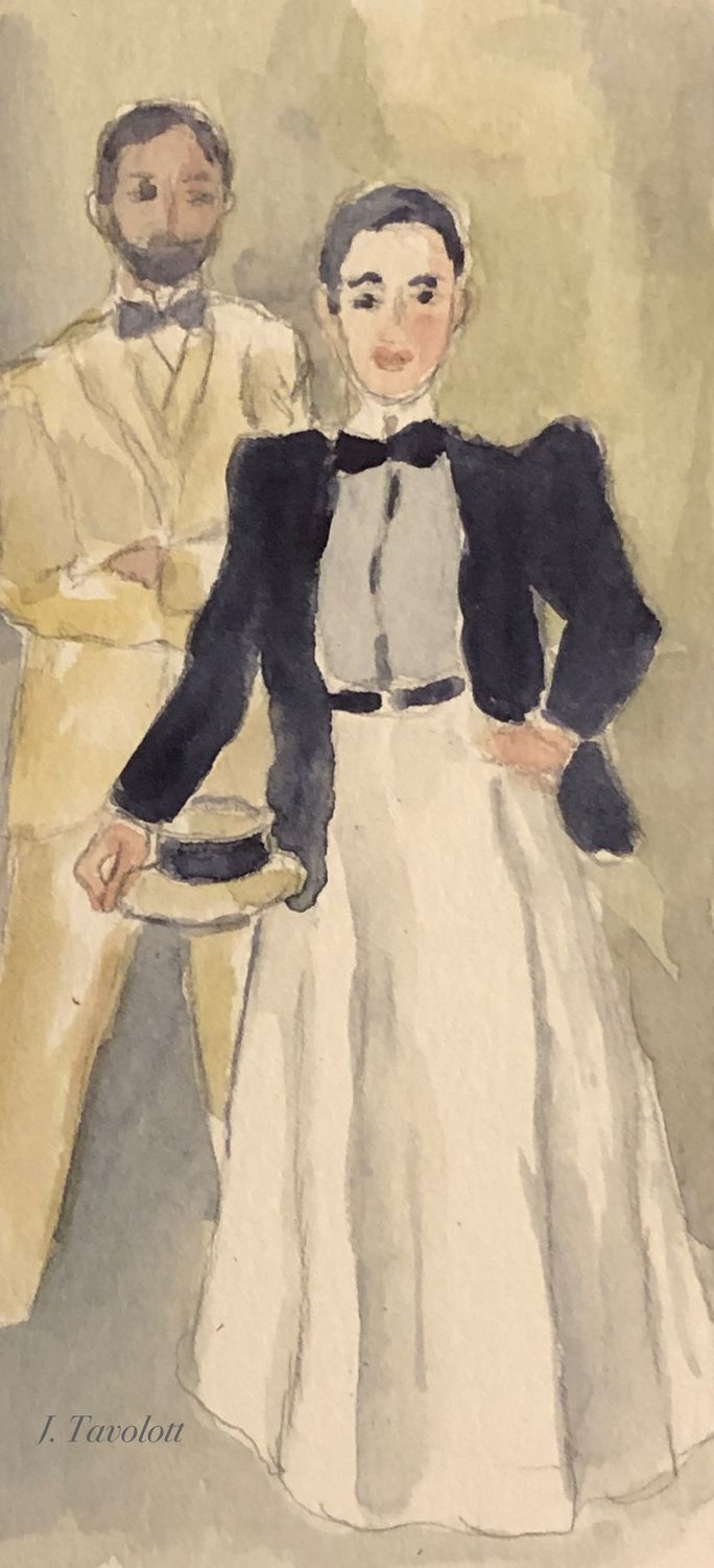 Joan Tavolott’s better-proportioned interpretation of John Singer Sargent’s most famous double portrait stays true to the spirit of the foreperson, Mrs. Edith Stokes, captured by the original artist.